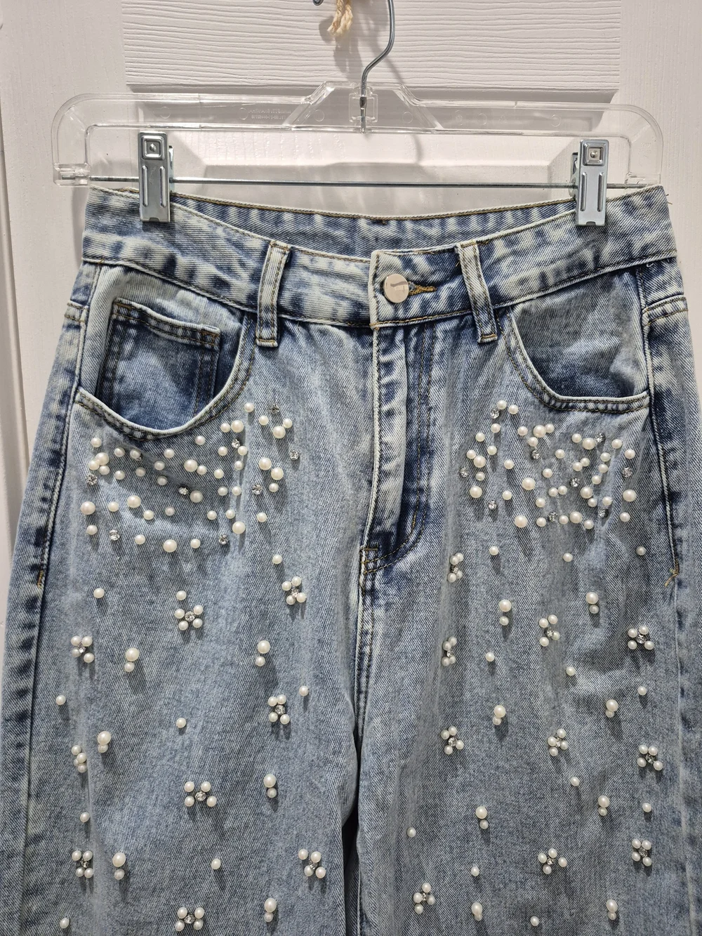 Light Blue Pearl And Rhinestone Studded Barrel Wide-Leg Jeans New Without Tags